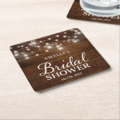 ブラウンの素朴な木製のメーソンジャーライトブライダルシャワー スクエアペーパーコースター (アングル)