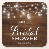 ブラウンの素朴な木製のメーソンジャーライトブライダルシャワー スクエアペーパーコースター (正面)