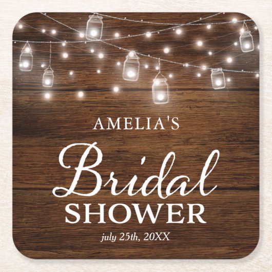 ブラウンの素朴な木製のメーソンジャーライトブライダルシャワー スクエアペーパーコースター (正面)