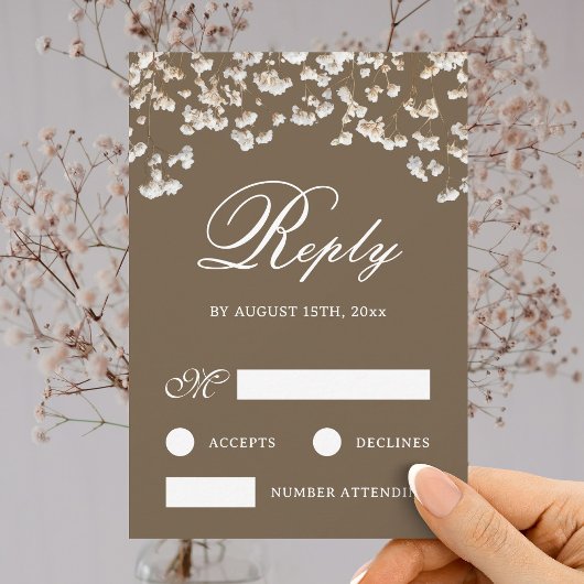 ブラウンの結婚式RSVPカードにドライのカスミソウ カード
