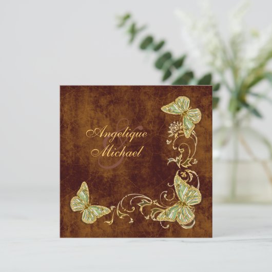 ブラウンの緑金ゴールドの国の結婚式 招待状 (スタンド正面)