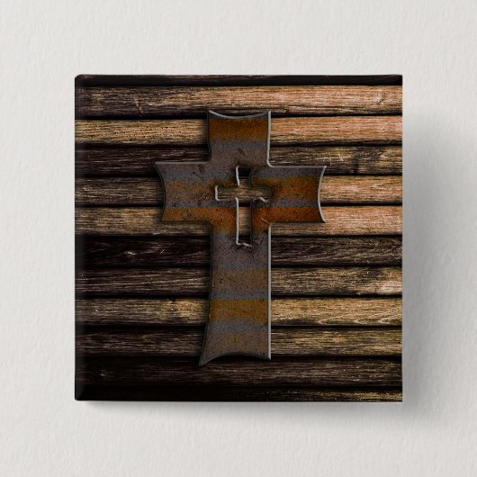 ブラウンの自然な木の十字 缶バッジ (正面)