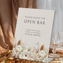 ブラウンの落ち着いた色合いのフラワーモチーフの結婚式のオープン・バー 台座サイン