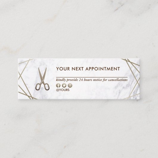 ブラウンの金ゴールドのはさみの大理石の美容師のアポイントメント スキニー名刺 (正面)