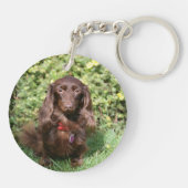 ブラウンの長い髪のミニチュアダックスフント キーホルダー (裏面)