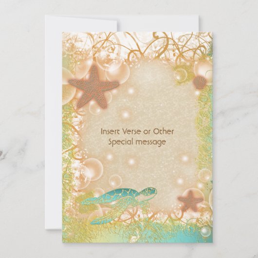 ブラウンの青いカメのヒトデの結婚式 招待状 (正面)