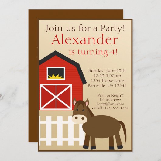 ブラウンの馬の家畜の誕生会の招待 招待状 (正面/裏面)