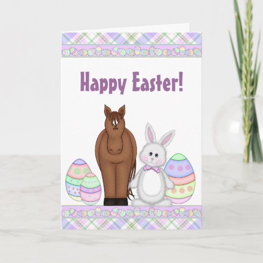 ブラウンの馬、白いバニーおよび卵のハッピーイースター シーズンカード (正面)