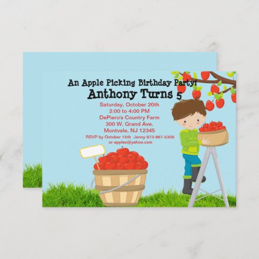 ブラウンの髪の男の子のAppleの盗品の誕生会 招待状 (正面/裏面)