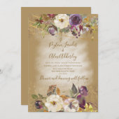 ブラウンアイボリーパープルフローラ結婚グリッター 招待状 (正面/裏面)