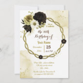 ブラウンアイボリー金ゴールドフローラリース誕生日パーティー 招待状 (正面)