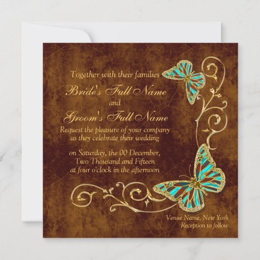 ブラウンアクア金ゴールドカントリーウェディング 招待状 (裏面)