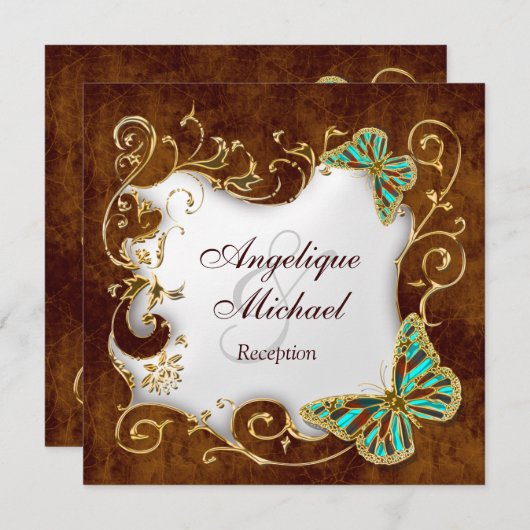 ブラウンアクア金ゴールドカントリー披露宴結婚ズ 招待状 (正面/裏面)