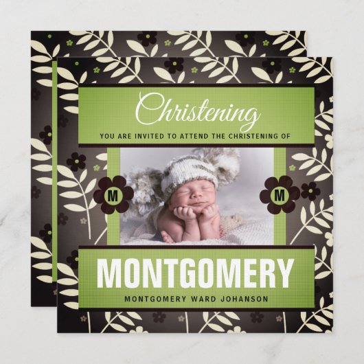 ブラウンアンドグリーンボーイレトロ植物学《キリスト教》洗礼式や命名式 招待状 (正面/裏面)
