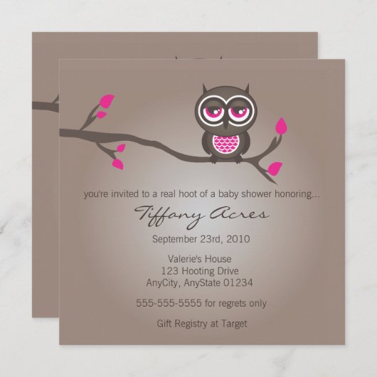 ブラウンアンドピンクフクロウ赤ちゃんシャワー招待状 招待状 (正面/裏面)