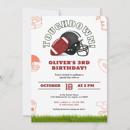 ブラウンアンドホワイトアメリカンフットボール誕生日招待状 セーブザデート (正面)