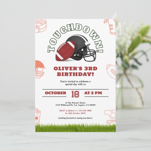 ブラウンアンドホワイトアメリカンフットボール誕生日招待状 セーブザデート (スタンド正面)