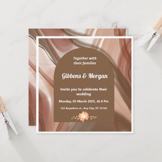 ブラウンアーチ&抽象芸術スワール結婚式招待状 招待状 (正面/裏面インサイチュ)