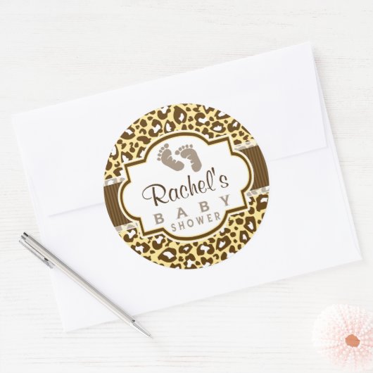 ブラウンイエローヒョウアニマルプリントベビーシャワー ラウンドシール (封筒)