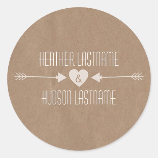 ブラウンインスパイア紙白い矢印の結婚ステッカー ラウンドシール (正面)