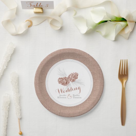 ブラウンウィンターパインコーンアート紙プレート ペーパープレート (ウェディング)