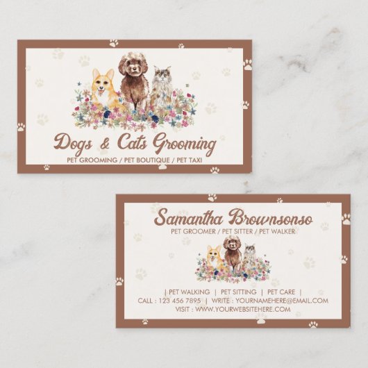 ブラウンウォーターの色の犬の猫の手の印刷ペットシッター 名刺 (正面/裏面)