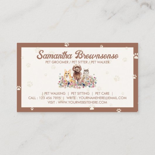 ブラウンウォーターの色の犬の猫の手の印刷ペットシッター 名刺 (裏面)