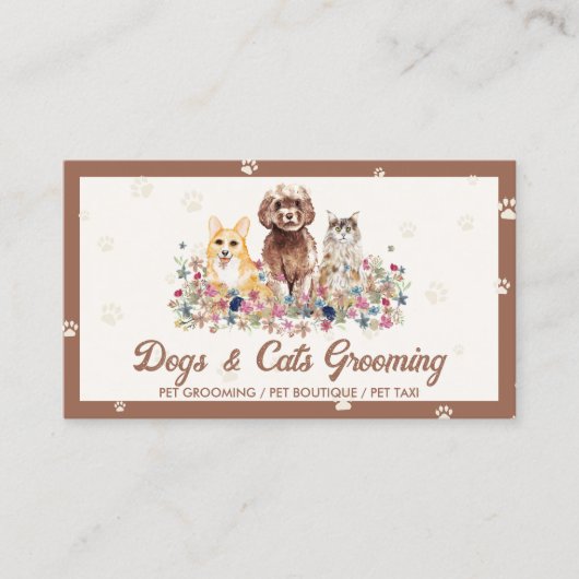 ブラウンウォーターの色の犬の猫の手の印刷ペットシッター 名刺 (正面)