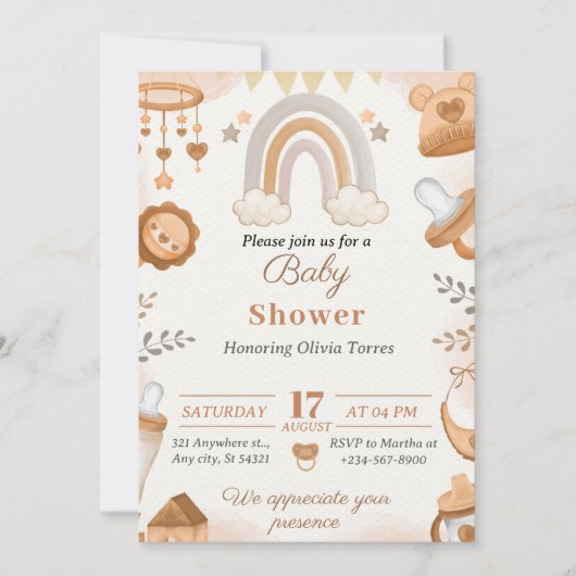 ブラウンウォーター色のイラストレーションベビーシャワー 招待状 (正面)