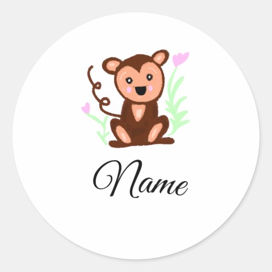ブラウンウォーター色のサル動物の名前を追加文字 ラウンドシール (正面)