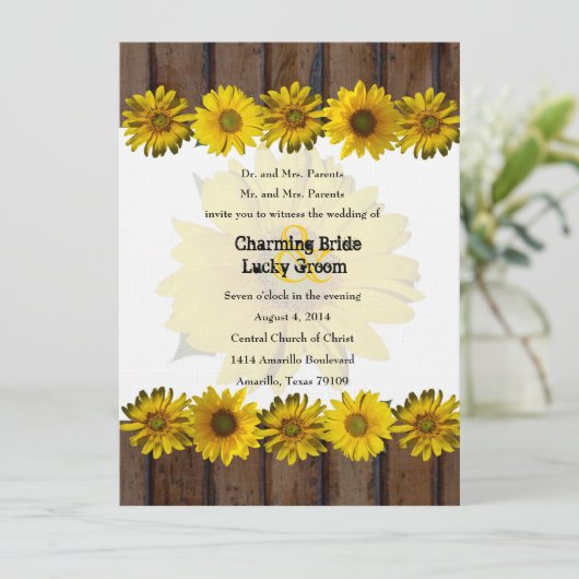ブラウンウッドイエローヒマワリーのフォトウエディング招待 招待状 (スタンド正面)