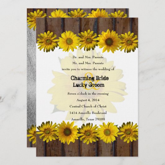 ブラウンウッドイエローヒマワリーのフォトウエディング招待 招待状 (正面/裏面)
