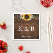 ブラウンウッドサンフラワーライトイニシャル&日付 スタンダードカクテルナプキン (インサイチュ)