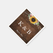 ブラウンウッドサンフラワーライトイニシャル&日付 スタンダードカクテルナプキン (角)