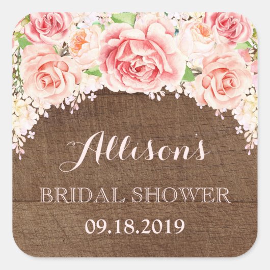 ブラウンウッドピンク水彩フラワーズブライダルシャワー スクエアシール (正面)