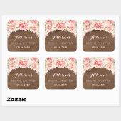 ブラウンウッドピンク水彩フラワーズブライダルシャワー スクエアシール (シート)