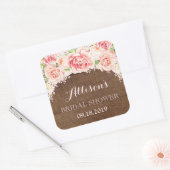 ブラウンウッドピンク水彩フラワーズブライダルシャワー スクエアシール (封筒)