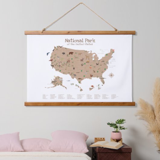 ブラウンウッドランドナショナルパークマップ子供部屋デコール 吊り下げ型タペストリー (寝室)