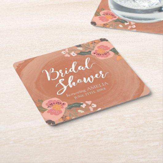 ブラウンウッド素朴フローラブライダルシャワースクエア スクエアペーパーコースター (アングル)