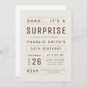 ブラウンエイジモダンタイポグラフィサプライズ誕生日 招待状 (正面/裏面)