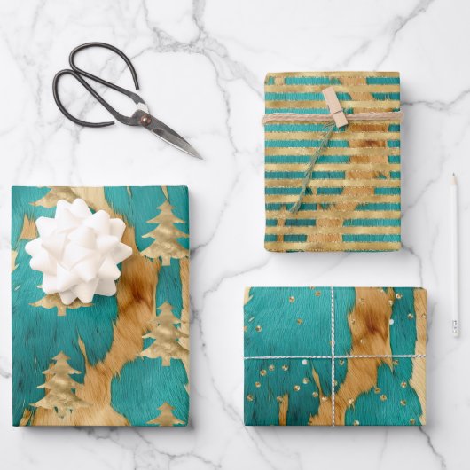 ブラウンエメラルド金ゴールドクリスマスツリースパークル ラッピングペーパーシート (正面)