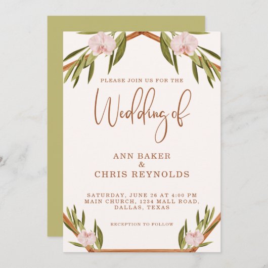 ブラウンエレガントグリーンピンクボホ結婚式招待状 (正面/裏面)