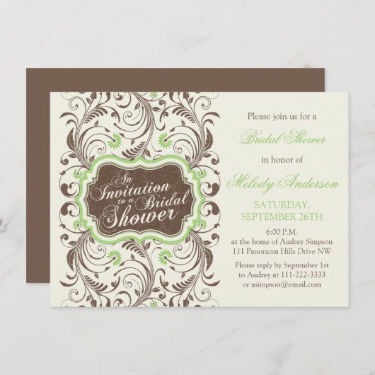 ブラウンエレガントグ素朴・グリーンフローラブライダルシャワー 招待状 (正面/裏面)