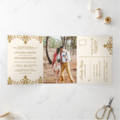 ブラウンエレガントダマスク伝統的インディアン結婚ズ 三つ折り招待状 (内部)