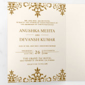 ブラウンエレガントダマスク伝統的インディアン結婚ズ 三つ折り招待状 (内部最初)
