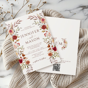 ブラウンエレガントテラコッタ秋結婚フローラのQR 招待状