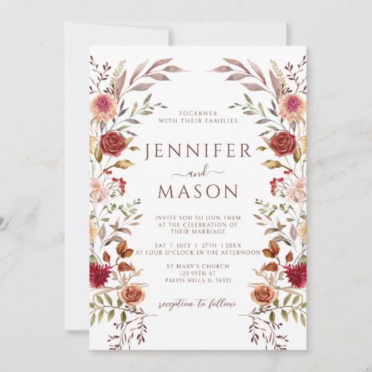 ブラウンエレガントテラコッタ秋結婚フローラのQR 招待状 (正面)