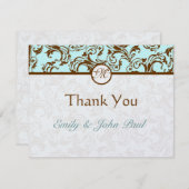 ブラウンエレガントヴィンテージダマスクオンライトアクアブルー サンキューカード (正面/裏面)