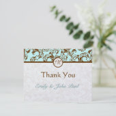 ブラウンエレガントヴィンテージダマスクオンライトアクアブルー サンキューカード (スタンド正面)