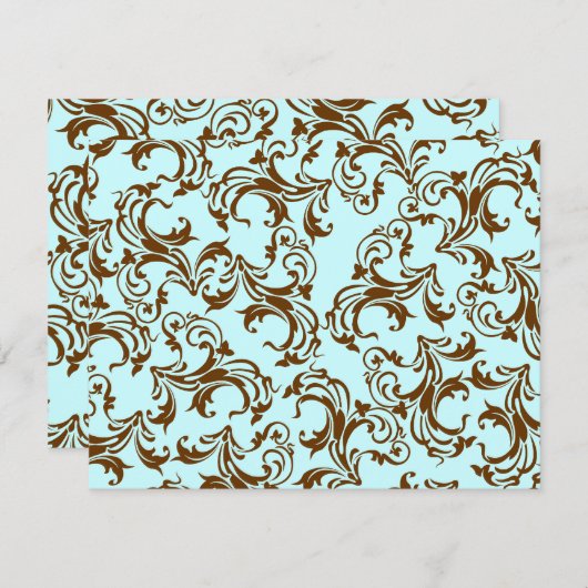 ブラウンエレガントヴィンテージダマスクオンライトアクアブルー 出欠カード (正面/裏面)